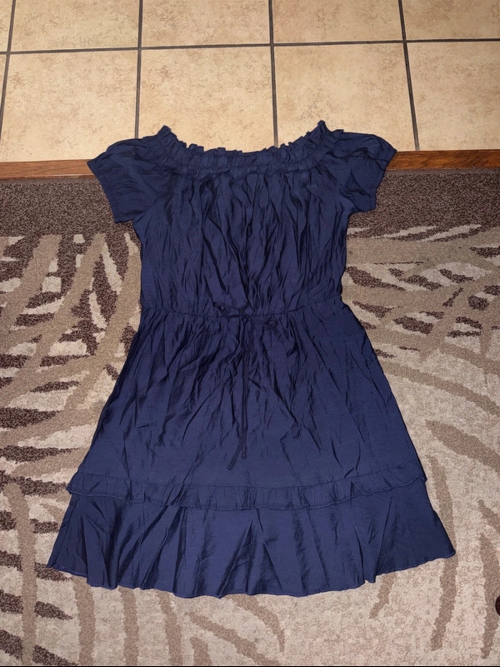 Off-Shoulder Navy Midi Dress with Ruffle Hem